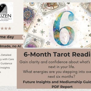 May include: An advertisement for a 6-Month Tarot Reading. The image features a watercolor-style number 6, tarot cards, and text that reads "Gain clarity and confidence about what's coming next in your life."