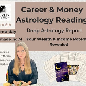 May include: Image advertising astrology readings. Text includes "Career & Money Astrology Reading" and "Your Wealth & Income Potential Revealed." A woman is featured with documents and a book titled "Tarot Reading Career and Finances for Kate."