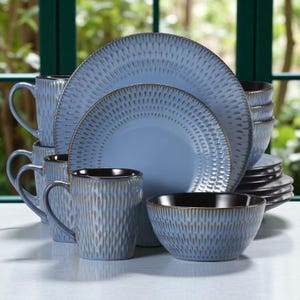 Blue Droplet Dinnerware set - Ceramic Crockery set - 16 piece 32 piece - kiln glazed kitchen ware - for 4 or for 8 people.