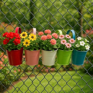 May include: Six metal hanging planters with different coloured flowers. The planters are red, pink, white, green, and blue. The planters are hanging from a chain link fence.