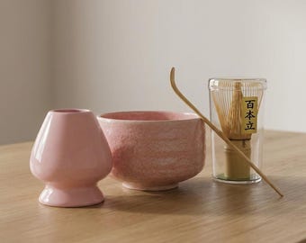 Pale Pink Matcha Tea Set 4 Piece | Crackle Glaze Ceramic Matcha Bowl |  Blush Matcha Kit | Matcha Lover Gift |