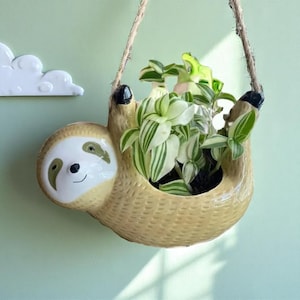 Könnte beinhalten: Ein beigefarbener, keramik-geformter Hänge-Blumentopf in Form eines Faultiers mit lächelndem Gesicht und schwarzen Krallen, gefüllt mit grünen und weißen Blättern. Der Topf hängt an einem Naturseil vor einer hellgrünen Wand. Eine weiße Wolken-Dekoration ist sichtbar.