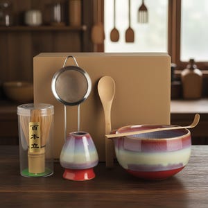 Puede incluir: Un juego de té matcha con un batidor de bambú, un cuenco de cerámica, una cuchara y un colador. El cuenco es rojo, blanco y azul. El batidor está en un recipiente transparente con texto japonés.