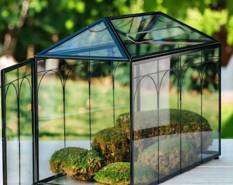 Vintage Style Greenhouse Terrarium: Black & Gold Indoor Glass Planter