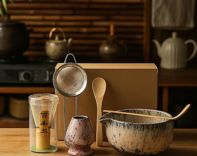 Pink Matcha Tea Set: Ceramic Bowl, Whisk, Spoon - Japanese Kitchen