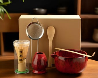 Red Matcha Tea Set: Ceramic Bowl, Whisk, Spoon - Japanese Kitchen