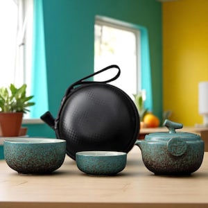 Portable Ceramic Travel Tea Set with Carrying Case -  Perfect for getaways, holidays, vacation, great gift for tea lovers, Beautiful pot mug