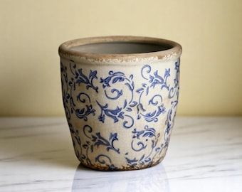 Handpainted Blue & White Ceramic Flower Pot, Indoor Planter