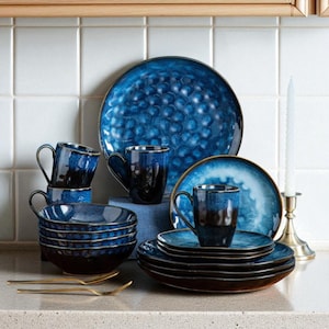 Deep Blue Dinnerware set - Ceramic Crockery set - 16 piece 32 piece - kiln glazed kitchen ware - for 4 or for 8 people.
