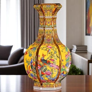 Puede incluir: Un jarrón decorativo de cerámica amarilla con un diseño detallado de flores y pájaros. El jarrón presenta un borde dorado y un cuerpo ancho y redondeado. La obra de arte incluye pájaros y flores coloridos.