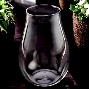 May include: A clear glass vase with a wide, round base and a narrow neck. The vase is empty and has a smooth, polished surface.