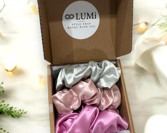 Caja de regalo de coleteros de seda: elige 1, 2 o 3 colores personalizados. Lazos de pelo de lujo para mujeres, damas de honor, regalo para calcetines navideños y cuidado personal.