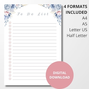 Elegante lista di cose da fare floreale da stampare / File PDF digitale da scaricare / 4 formati: A4 A5 Letter US Half Letter / Facile e immediato