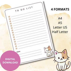 To-Do-Liste „Süße Tiere“: Katze / PDF-Checkliste zum Ausdrucken / 4 Formate A4 A5 Letter US Half Letter / Einfach und sofort