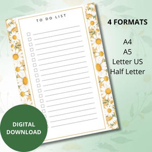Lista digitale delle cose da fare "Marguerite" floreale da stampare / Elenco obiettivi PDF / 4 formati: A4 A5 Lettera Mezza lettera USA / Semplice e veloce