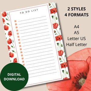 To-Do List Coquelicot à télécharger / Liste des tâches à cocher imprimable  PDF / 4 formats A4 A5 Letter US Half Letter / Facile & Immédiat