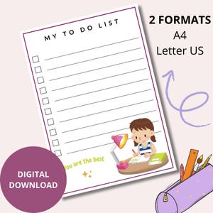 Lista de tareas pendientes para niños / Lista de verificación en PDF / 2 formatos A4, Carta US / Rápido de descargar e imprimir / Fácil de usar