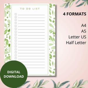 Lista de tareas del tema "Hojas y naturaleza" PDF para imprimir / Archivo para descargar / 4 formatos: A4 A5 Carta EE. UU. Media carta / Rápido e instantáneo