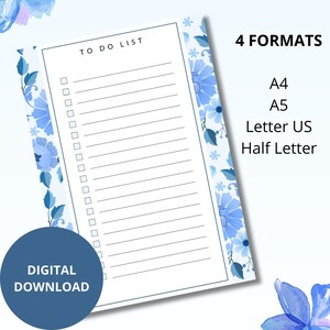 Elenco attività "Fiori blu" PDF da stampare / File digitale / 4 formati: A4 A5 Lettera Mezza lettera USA / Semplice e veloce