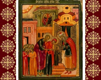 Madre de Dios, Virgen María, la Theotokos, "Introducción al Templo". Icono ortodoxo de madera.
