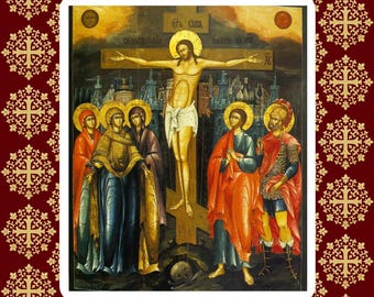 De kruisiging van Jezus Christus. Houten orthodoxe icoon