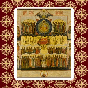 May include: An antique religious icon featuring a central figure surrounded by other figures in various poses. The icon has a gold and brown color palette with intricate details and text. The background is a deep red with a gold cross pattern.