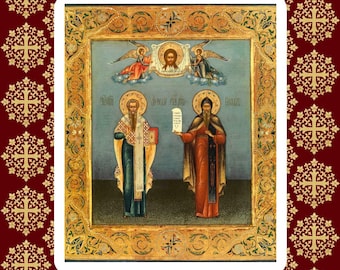 Saints Cyril and Methodius Equal-to-the-Apostles. Wooden orthodox icon.