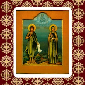 Santos Bautista Juan el Precursor y Venerable Olimpia de Constantinopla. Icono ortodoxo de madera.