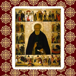 Puede incluir: Un icono que presenta una figura central con barba larga y vestiduras oscuras, rodeada de escenas más pequeñas que representan eventos bíblicos. La obra de arte tiene un fondo dorado y está enmarcada por un borde blanco, sobre un fondo rojo con un patrón de cruces doradas.