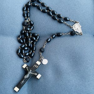 Superb Antique French Rosary with black oblong stones from LOURDES , medal connector of Holy Virgin Mary , metal crucifix religious , 1900 s