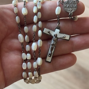French Antique Real Mother of Pearl Sterling Silver Rosary Hand Made , 1910s - 1930s
