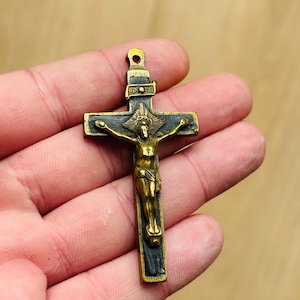 Antique German  2.5“ Cross 19th / Vintage Catholic Brass Metal Crucifix Necklace  -  INRI Jesus Christ