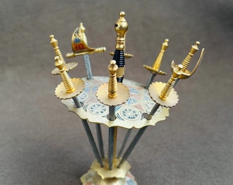 Vintage Toledo Sword Cocktail Skewers, Spanish Olive Sticks on Stand