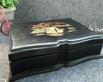 Vintage Japanese Black Lacquer Box, 1950s Decorative Trinket Box, Asian Collectible Storage Box