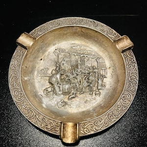 french antique cigarette tray / 18th 19th century style - working people , metal ashtray