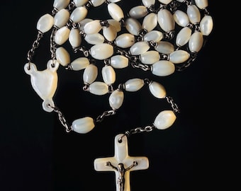 Fransk antik äkta pärlemors rosenkrans i sterlingsilver, handgjord, 1910-1930-talen (RZ 2)
