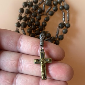 Antique WWI  German Rosary , Brass Crucifix & Wooden Beads