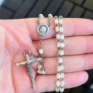 Vintage Rosary, White Opalescent Beads, Silver Metal Crucifix, Catholic Meditative Prayer, Italy, First Communion