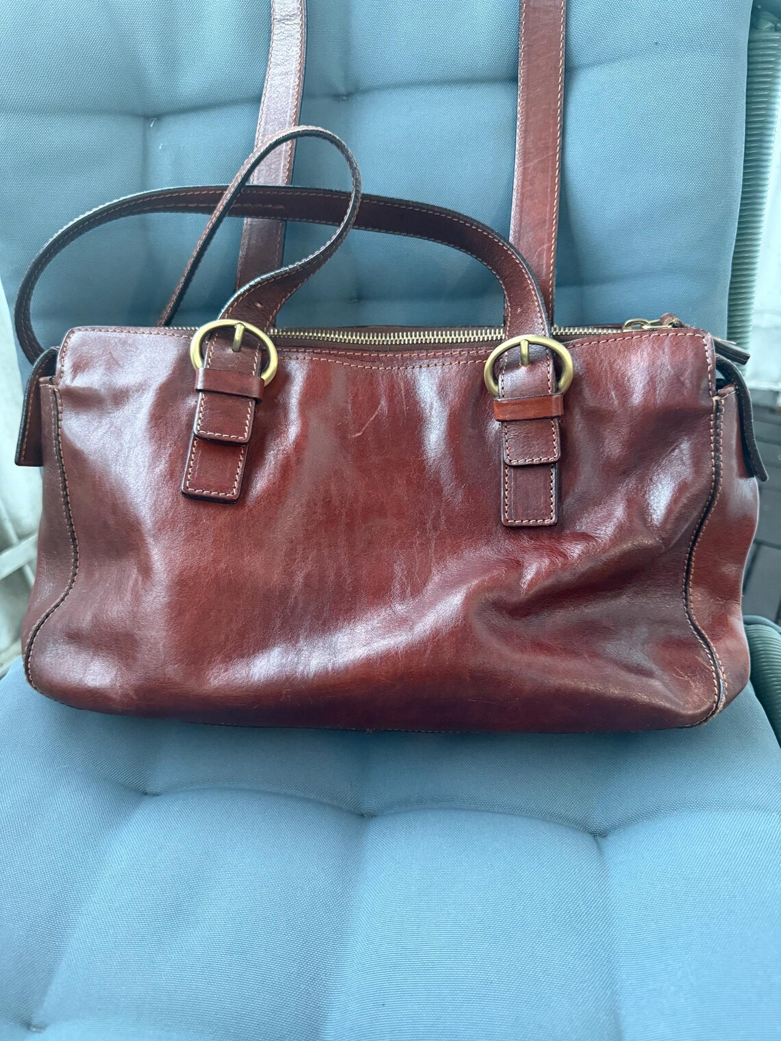 THE BRIDGE Vintage Brown Leather Satchel Bag, Genuine Leather Shoulder Bag, Retro Crossbody Handbag, Classic Italian Style, photo 4 sur 5