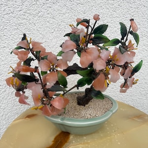 Könnte beinhalten: Ein Miniatur-Bonsai-Baum mit rosa Blüten und grünen Blättern. Der Baum steht in einem hellgrünen Keramiktopf, der mit kleinen weißen Steinen gefüllt ist. Der Bonsai wird auf einer gelb-braunen Marmoroberfläche präsentiert.