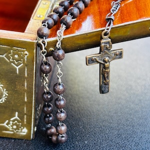 Antique Religious Catholic Rosary with Wooden Beads and Metal Crucifix - Handmade Rosary - Virgin Mary Medal, Prayer Rosary 1800s, Cross