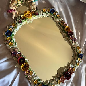Large Antique Sitzendorf Porcelain Mirror with Cherubs & Flowers, Dresden Style German Porcelain Wall Mirror 71x51 cm, Mid-Century DDR