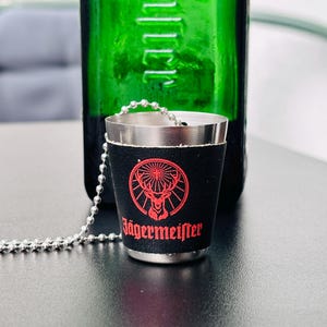Jagermeister  Necklace Shot Glasses  Stainless Steel Leather Orange Stag Logo / Jägermeister Metal Shot Glass -Collectable