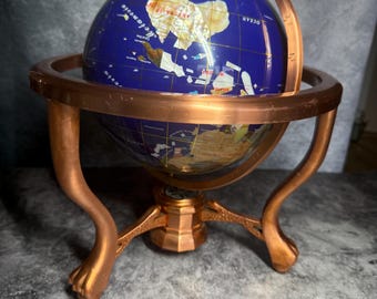Vintage Lapis Lazuli Gemstone Globe with Compass Base, Semi Precious Stone Inlay Inlaid World Globe, Copper Bronze Lion Claw Tripod Stand, L