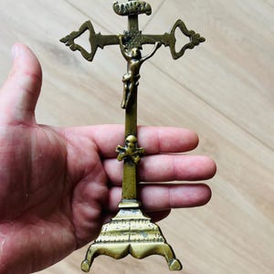 German brass table crucifix 18/19 century. Old religious catholic decor, Jesus, Skull,