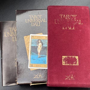 Pu&ograve; includere: Una collezione di mazzi di Tarocchi Universal Dali. I mazzi sono in una variet&agrave; di colori, tra cui marrone scuro, grigio scuro e rosso bordeaux. I mazzi hanno scritte dorate e presentano una carta con un'illustrazione di una donna nuda.