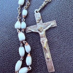 Antique 1800&#39;s Rosary Beads Metal Crucifix Religious Catholic White Beads - Handmade Rosary - Character and Vintage Charm - Jesus Crucifix
