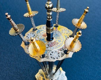 Stunning Spanish Toledo vintage set of 6 sword-shaped cocktail picks / hors d’oeuvres aperitif picks made in Spain in the city of Toledo.