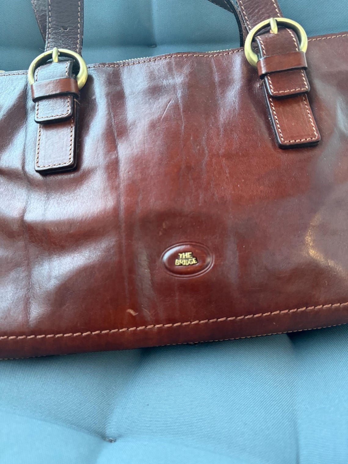 THE BRIDGE Vintage Brown Leather Satchel Bag, Genuine Leather Shoulder Bag, Retro Crossbody Handbag, Classic Italian Style, photo 3 sur 5