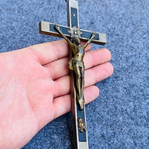 Antique BIG Catholic Crucifix with Black Cross and Skull, Germany, Metal - brass 1930s - 1940s, Pectoral Cross with Crossbones, 6.5″